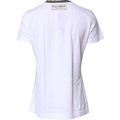 Dolce & Gabbana White Printed Round Neck Top Cotton T-shirt