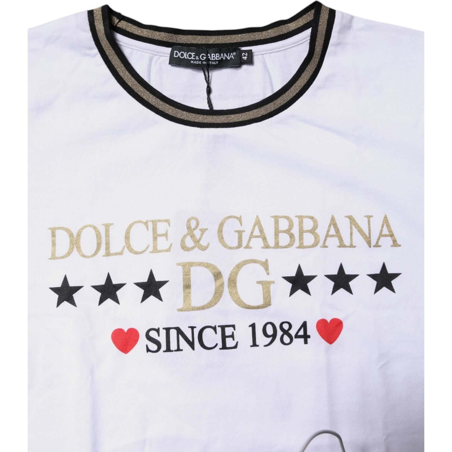 Dolce & Gabbana White Printed Round Neck Top Cotton T-shirt