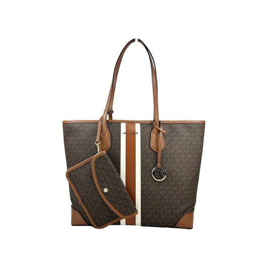 Michael Kors Eva Large Stripe Travel Tote Bag Plus Pouch Brown 79988