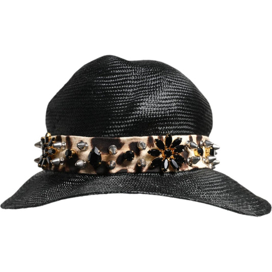 Dolce & Gabbana Black Straw Crystal Embellished Wide Brim Hat