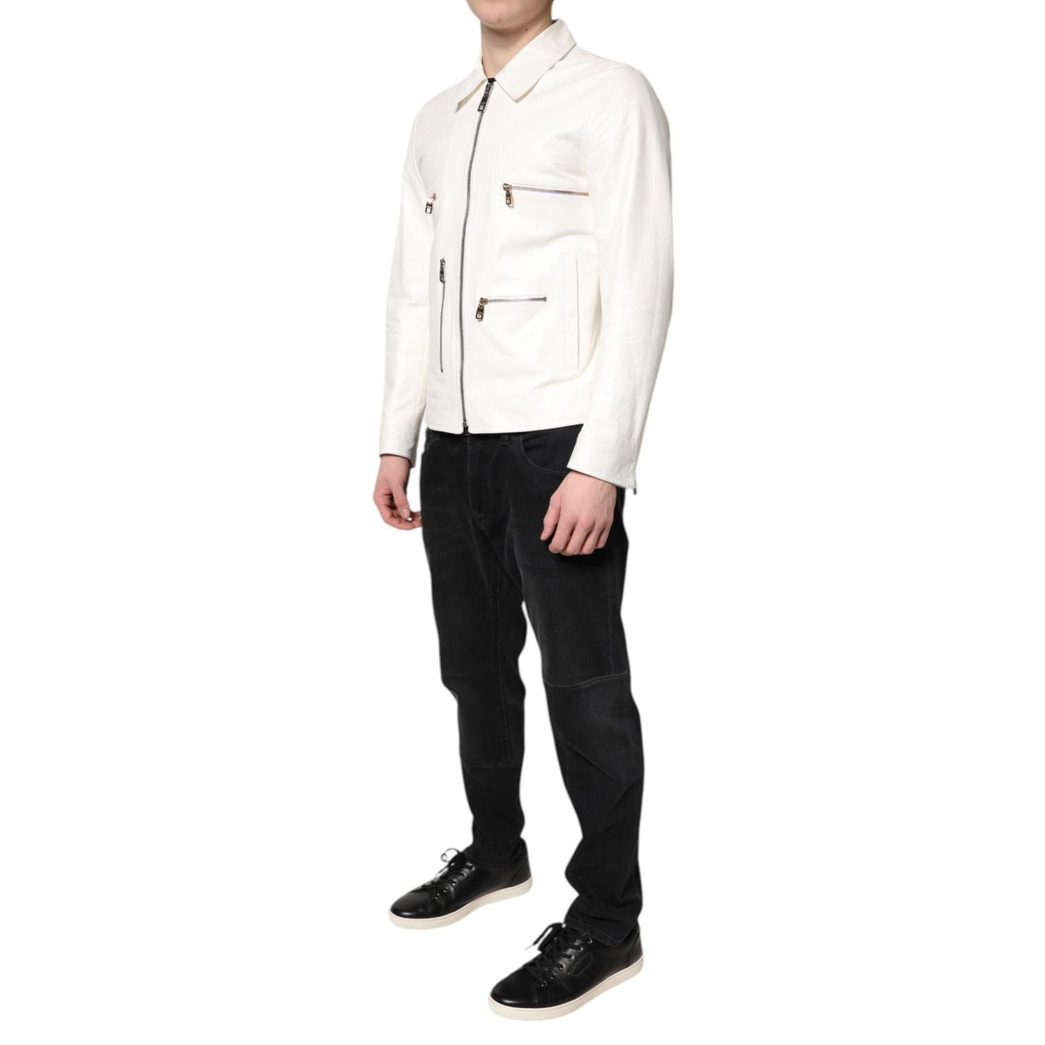 Dolce & Gabbana White Collared Full Zip Biker Coat Jacket