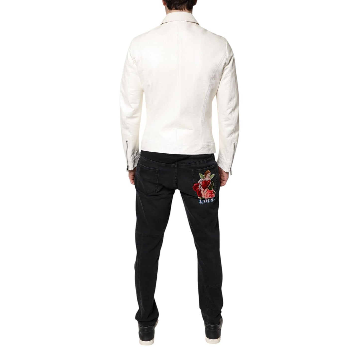 Dolce & Gabbana White Collared Full Zip Biker Coat Jacket