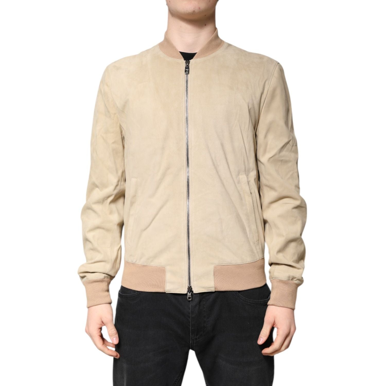 Dolce & Gabbana Beige Lambskin Full Zip Men Bomber Jacket