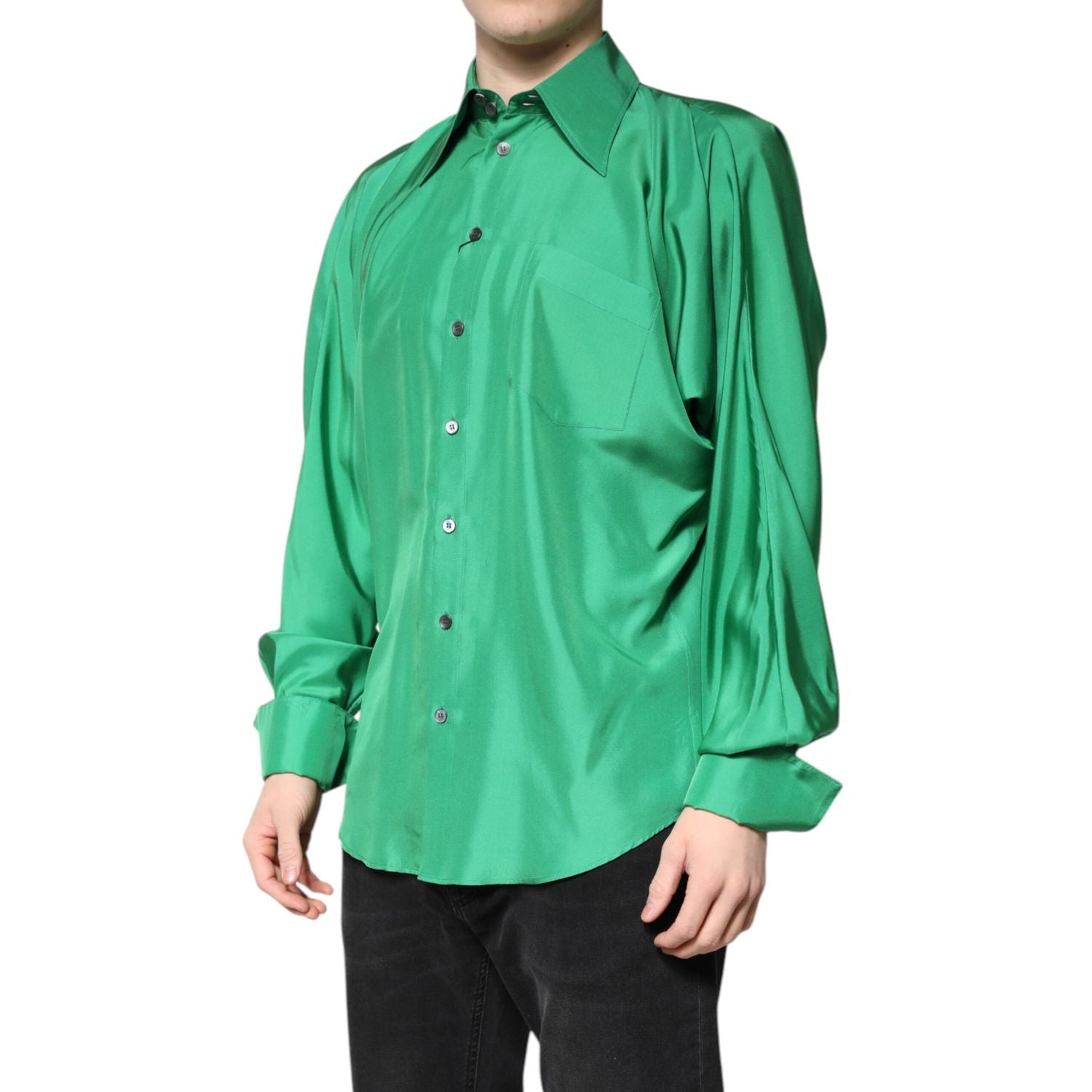 Dolce & Gabbana Green Silk Satin Long Sleeves Casual Shirt