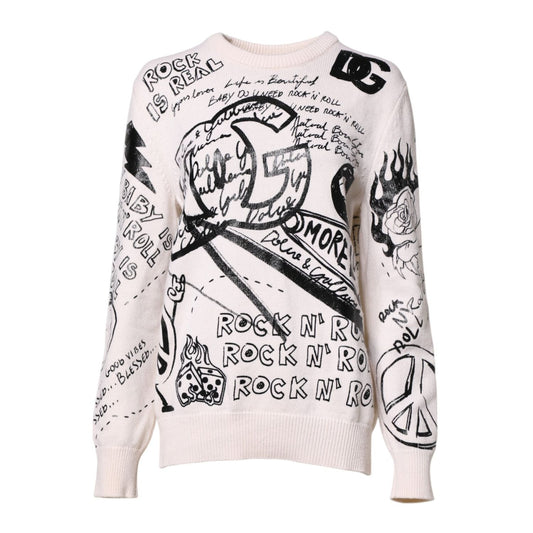 Dolce & Gabbana White Black Logo Print Women Pullover Sweater Dolce & Gabbana