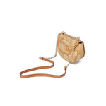 Alviero Martini Prima Classe Beige Leather Handbag with chain strap and geographic print, showcasing elegance and practicality.