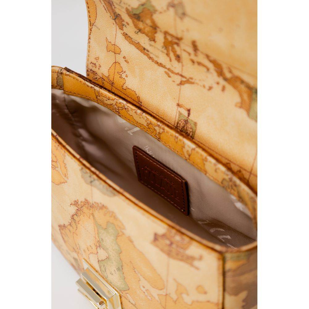 Interior view of Alviero Martini Prima Classe Beige Leather Handbag with signature geographic print and beige lining.