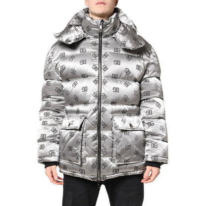 Dolce & Gabbana Silver Logo Full Zip Hooded Quilted Jacket