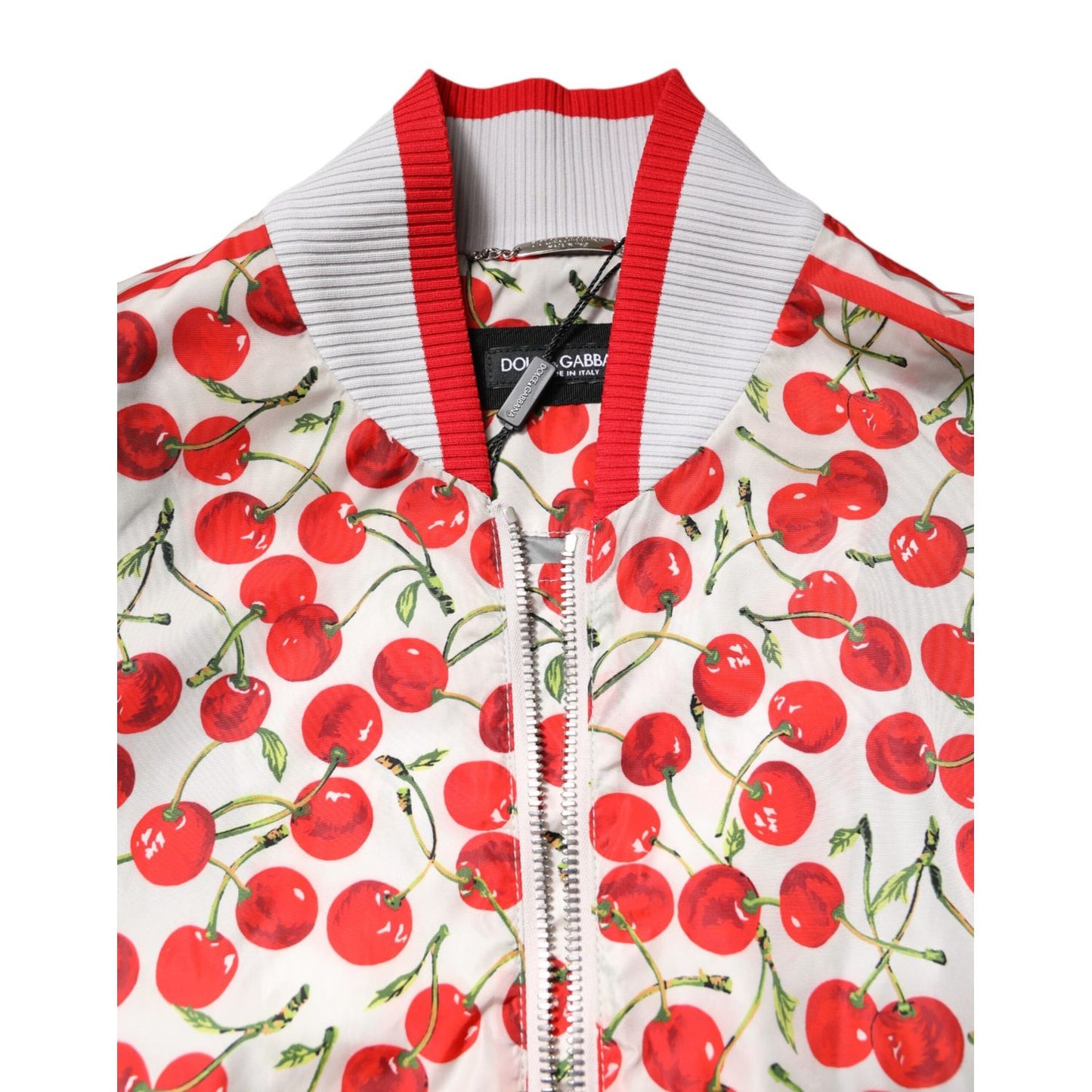 Dolce & Gabbana White Cherry Print Full Zip Bomber Jacket