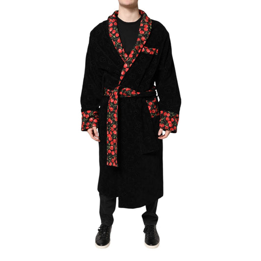 Dolce & Gabbana Black Cherry Print Wrap Robe Men Coat Jacket JKT41425-48