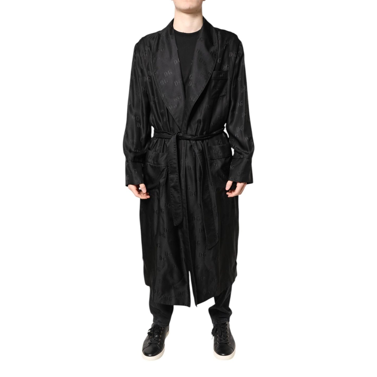 Dolce & Gabbana Black Silk DG Logo Men Wrap Robe Coat Jacket