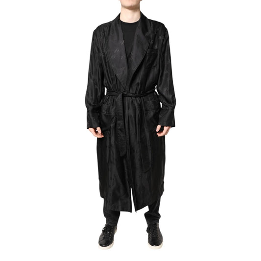 Dolce & Gabbana Black Silk DG Logo Men Wrap Robe Coat Jacket JKT41427-46