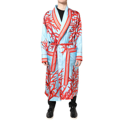 Dolce & Gabbana Blue Red Coral Print Wrap Robe Coat Jacket