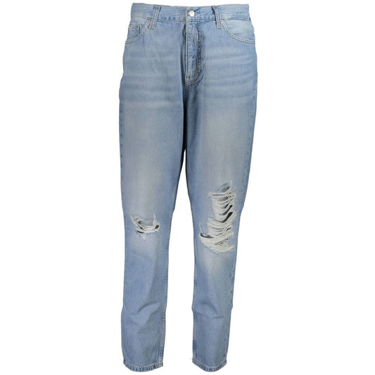 Alt Tag: "Calvin Klein Blue Cotton Women Jeans with washed effect and iconic logo, showcasing style and elegance."
