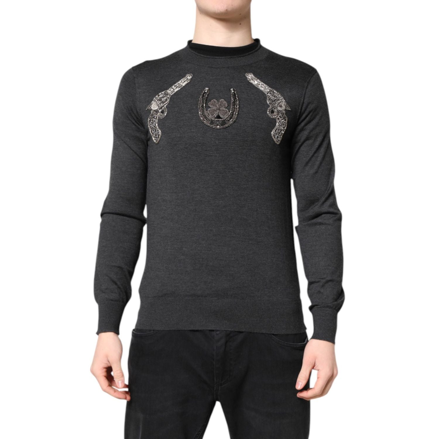 Dolce & Gabbana Gray Embroidery Knit Men Pullover Sweater