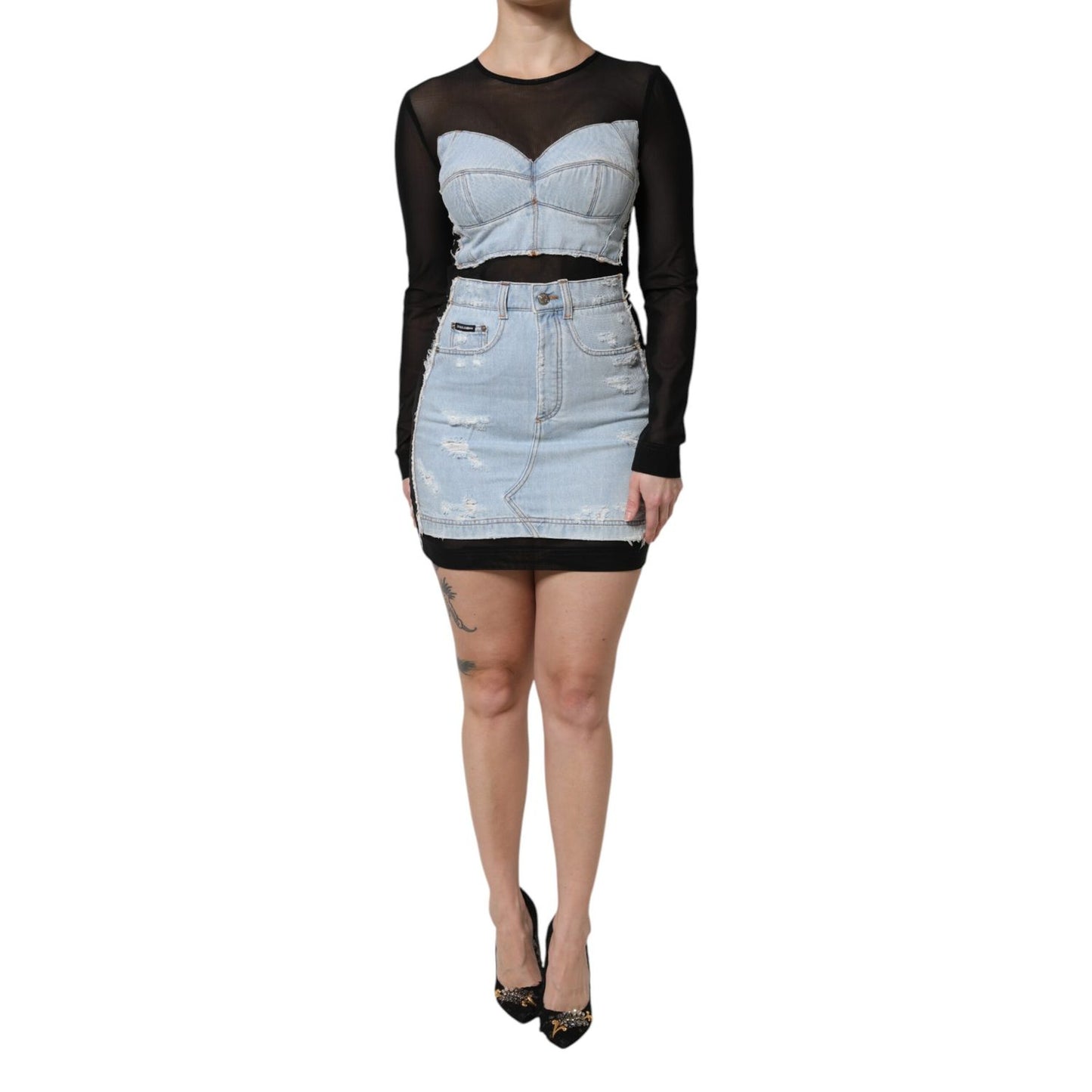 Dolce & Gabbana Black Blue Long Sleeves Denim Mini Dress