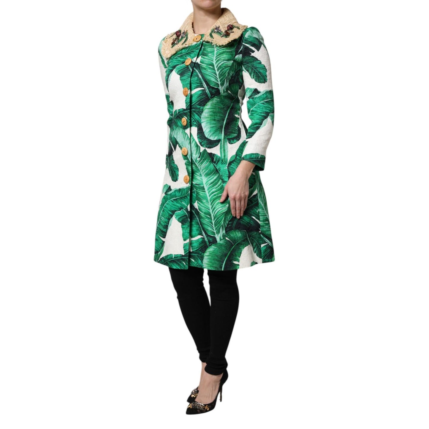Dolce & Gabbana Multicolor Leaf Print Embellished Trenchcoat Jacket