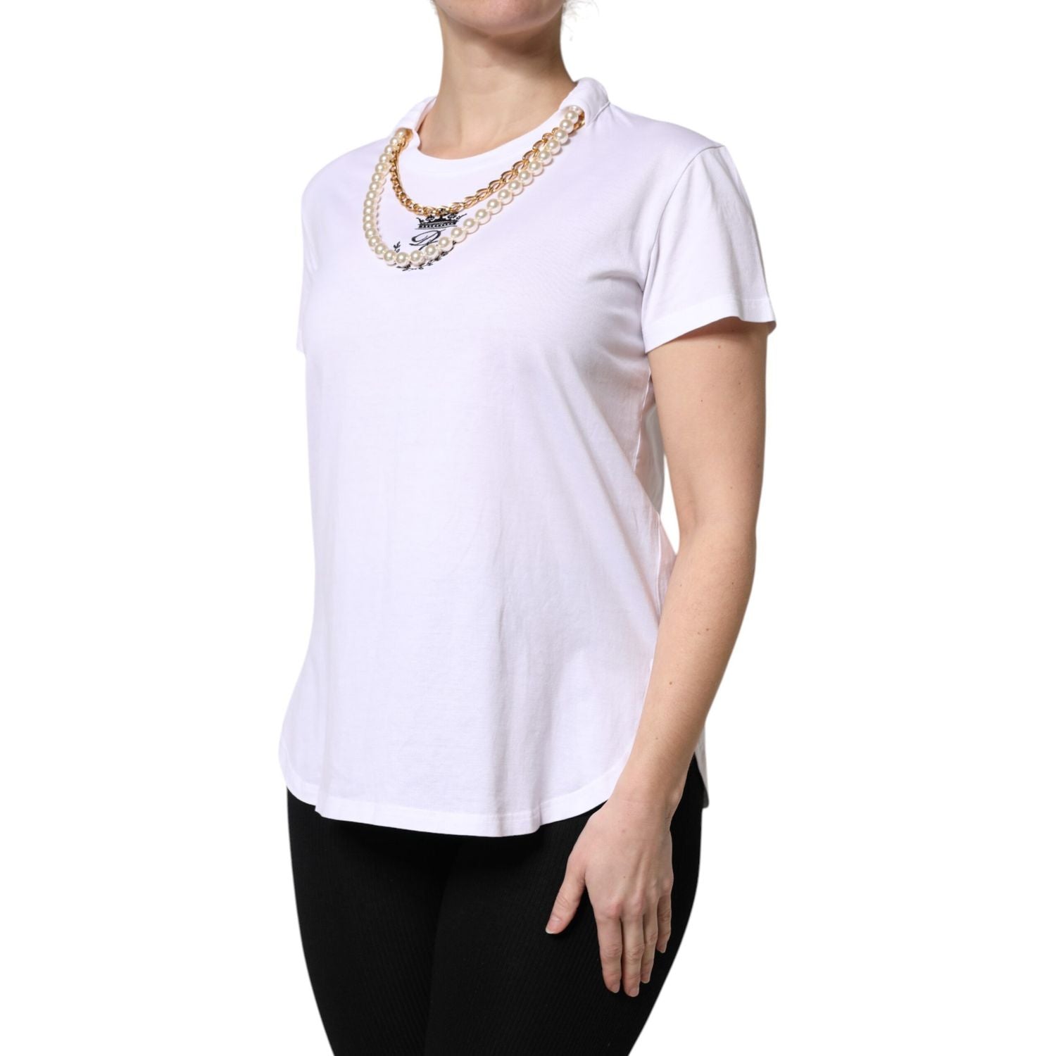 Dolce & Gabbana White Chain Pearl Cotton Round Neck T-shirt