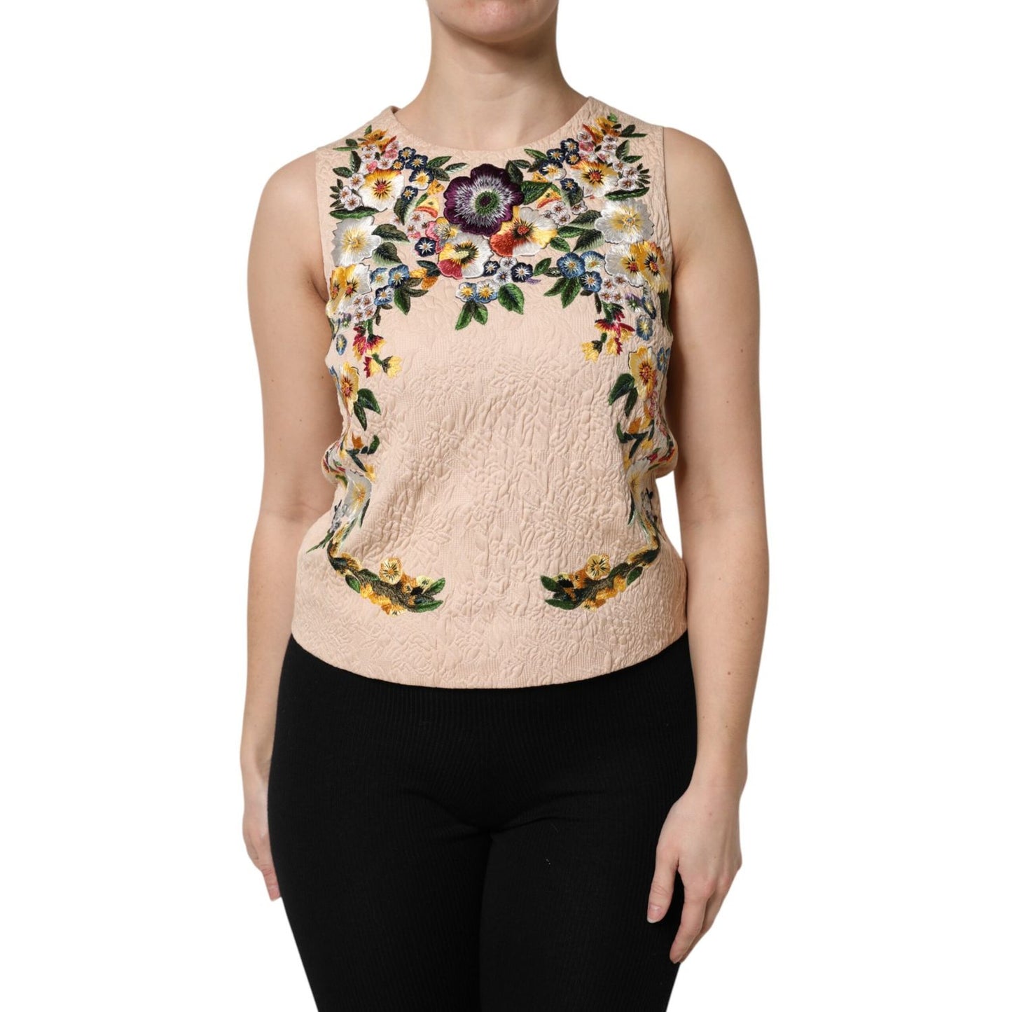 Dolce & Gabbana Beige Floral Embroidery Sleeveless Tank Top
