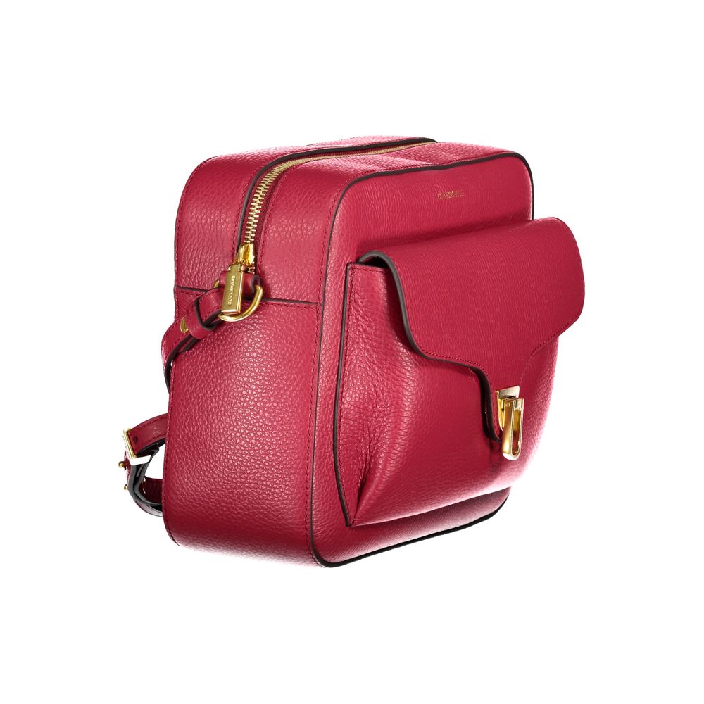 Coccinelle Red Leather Handbag with adjustable shoulder strap, external and internal pockets, zip and rotary closure, and logo detail.