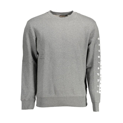 Napapijri Gray Cotton Men Sweater with logo print on the sleeve, long sleeve crew neck design
