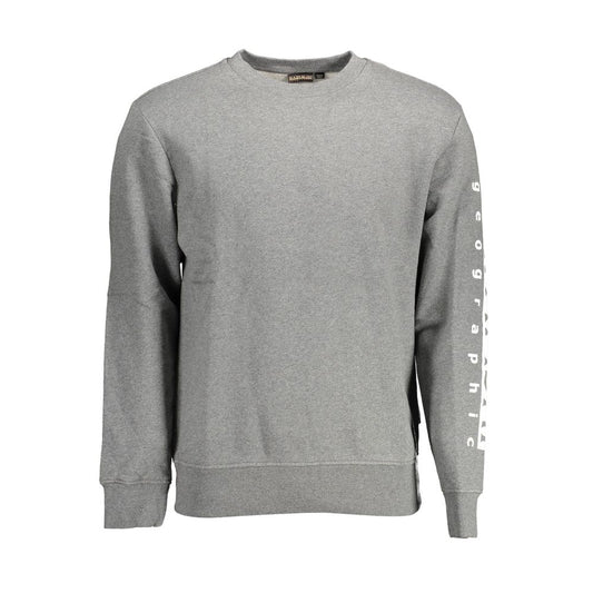 Napapijri Gray Cotton Men Sweater with logo print on the sleeve, long sleeve crew neck design