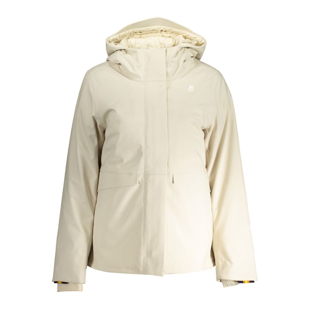 K-WAY Beige Polyester Jackets & Coat with hood, long sleeves, padded, zip closure, snap buttons, 2 pockets, and logo detail.