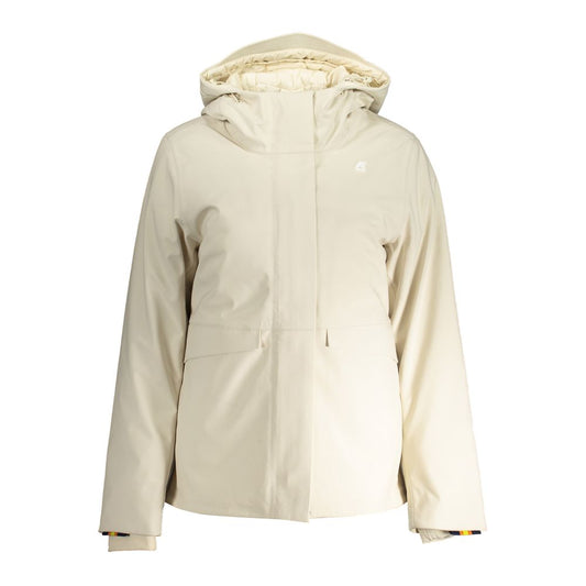 K-WAY Beige Polyester Jackets & Coat with hood, long sleeves, padded, zip closure, snap buttons, 2 pockets, and logo detail.
