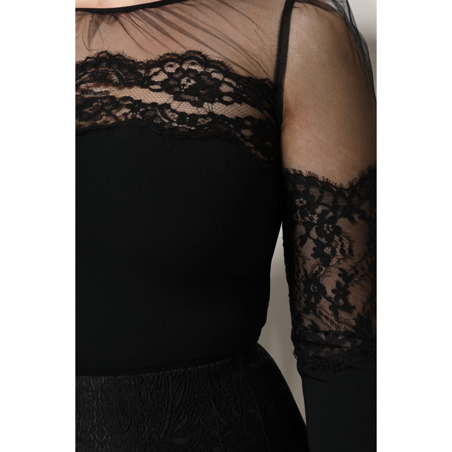 Dolce & Gabbana Black Lace Trim Nylon Tulle Sheath Midi Dress