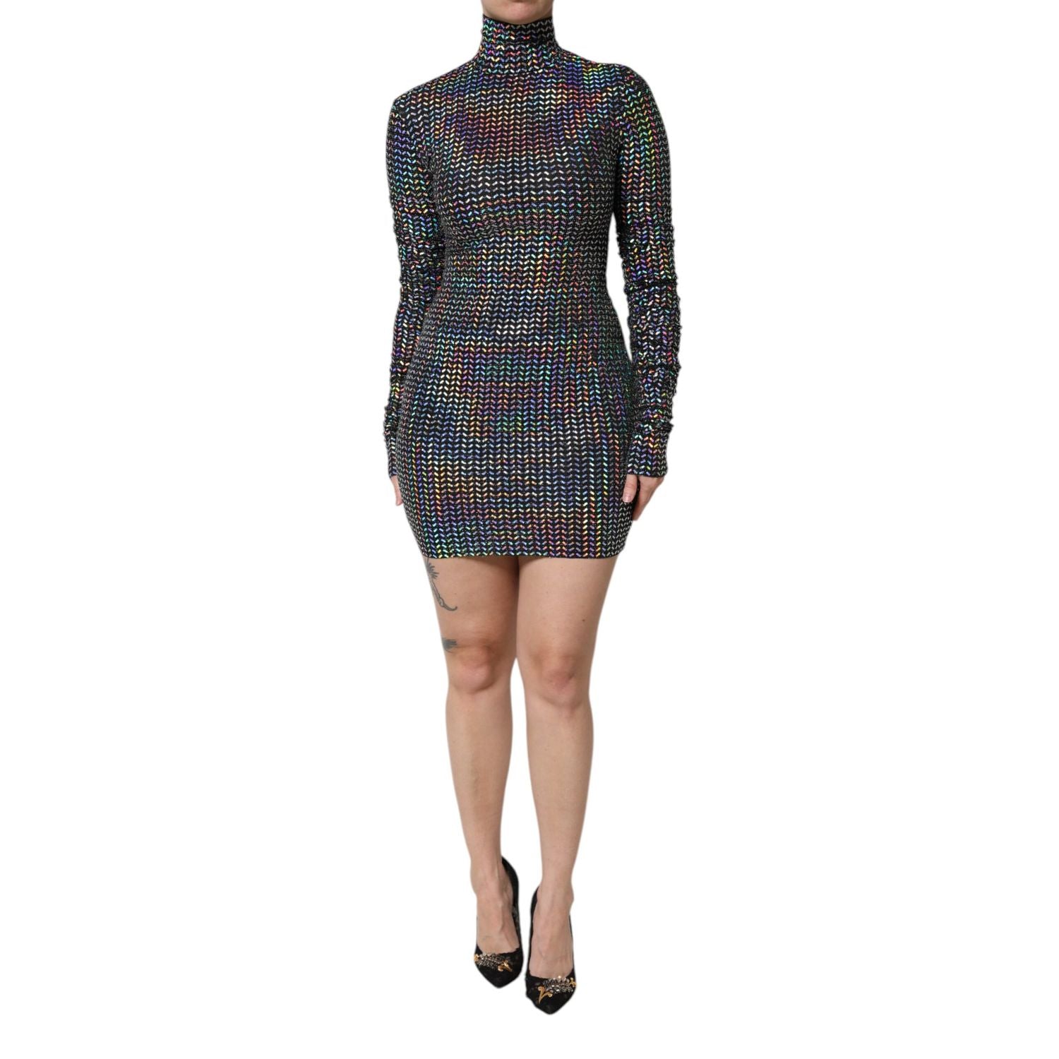 Dolce & Gabbana Black Embellished Nylon Bodycon Mini Dress