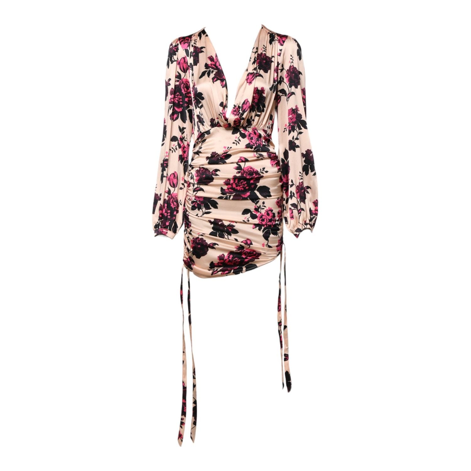 Laneus Pink Floral Silk Long Sleeves V-neck Ruched Mini Dress