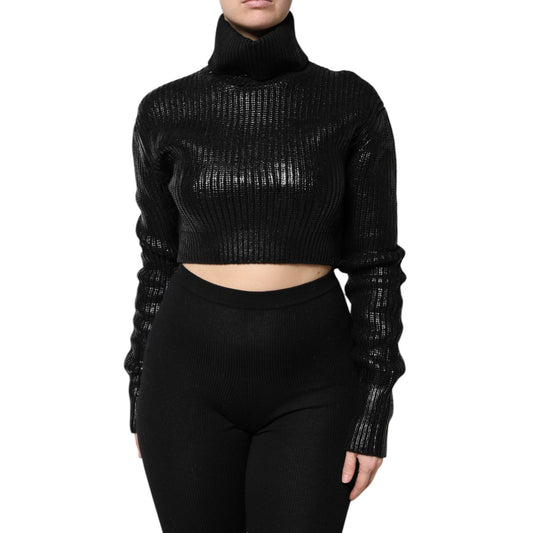 Dolce & Gabbana Black Wool Long Sleeve Turtleneck Cropped Top