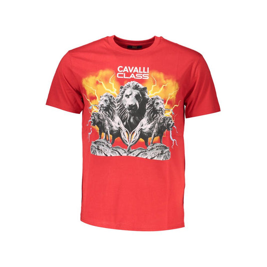 Cavalli Class Red Cotton Men T-Shirt with lion design, premium quality, classic crew neck, stylish and bold statement tee for fashion-forward men.