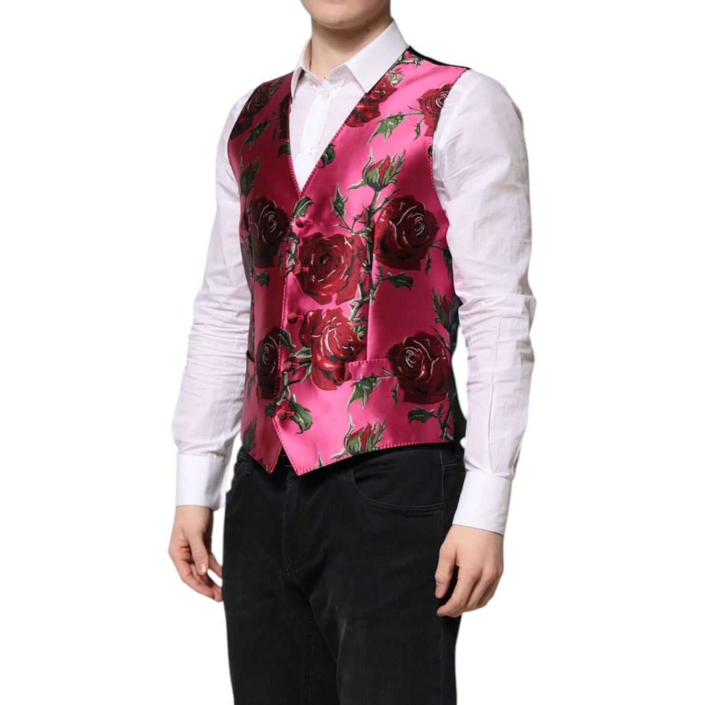 Dolce & Gabbana Pink Floral Satin Formal Men Waistcoat Vest TSH90470-50