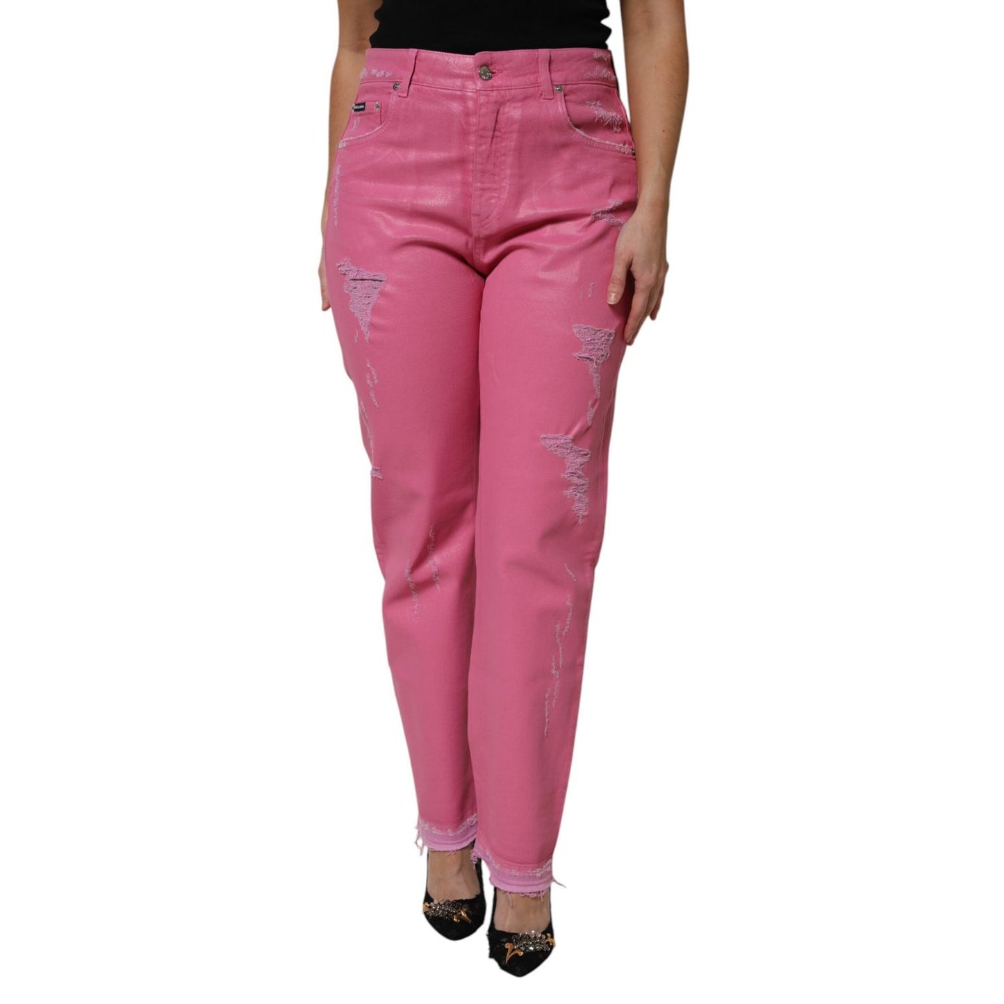 Dolce & Gabbana Pink Tattered Mid Waist Tapered Denim Jeans