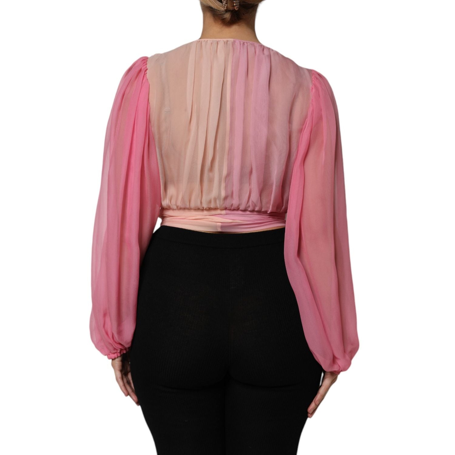 Dolce & Gabbana Pink Plunging V-neck Long Sleeves Blouse Top