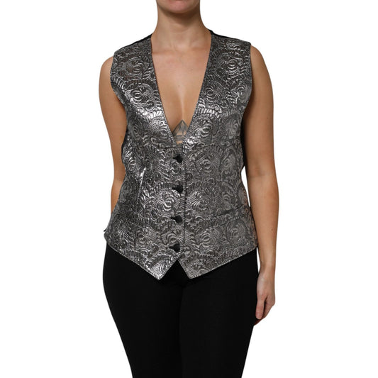 Dolce & Gabbana Silver Floral Jacquard Sleeveless Vest Top