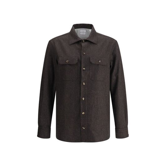 Brunello Cucinelli Brown Fleece Wool Pattern Shirt