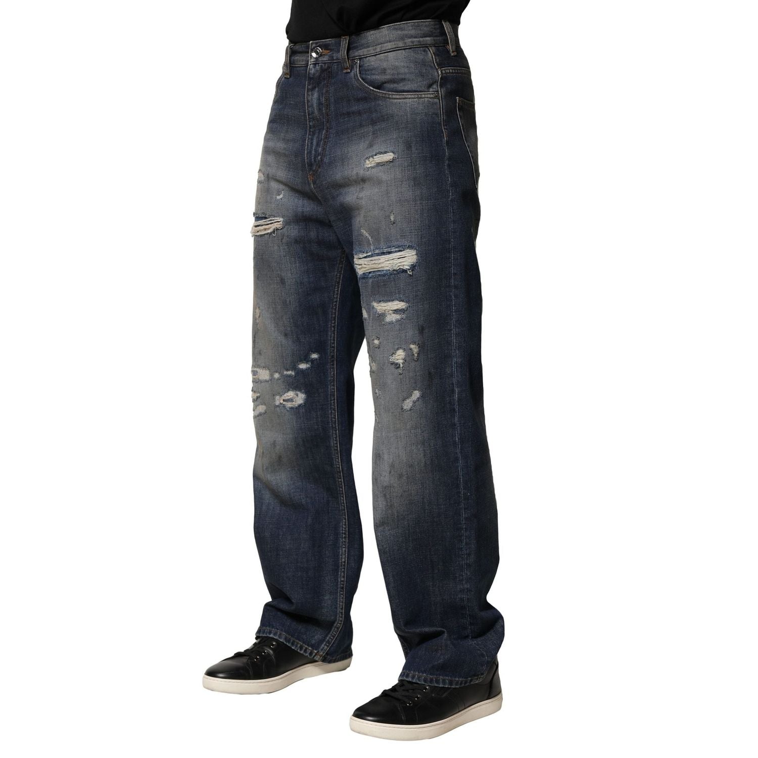 Dolce & Gabbana Blue Washed Tattered Cotton Men Jeans