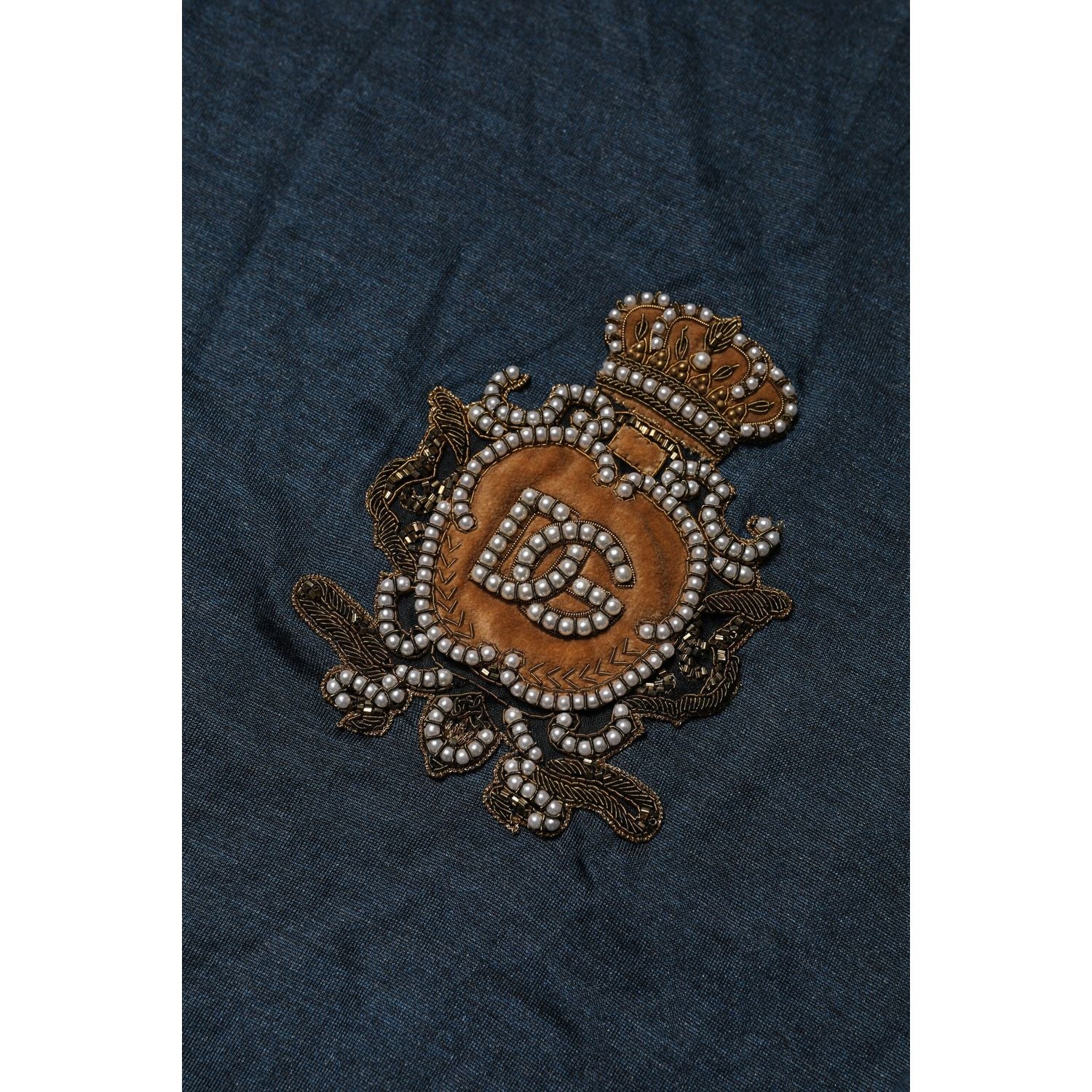 Dolce & Gabbana Dark Blue Silk Logo Patch Crew Neck T-shirt