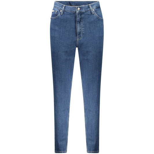 Calvin Klein Blue Cotton Women Jeans showcasing sustainable fashion with recycled cotton and iconic logo, classic five-pocket design.