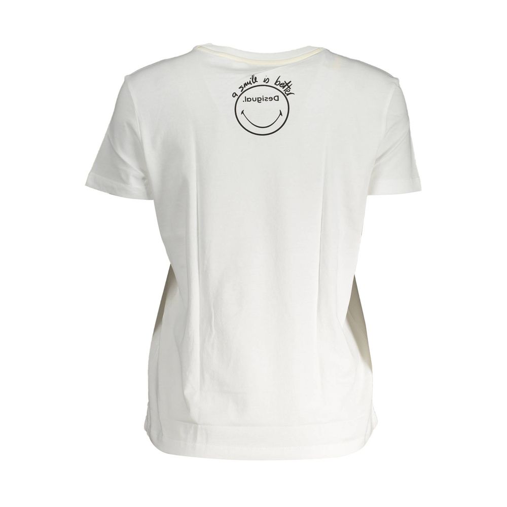Back view of Desigual White Cotton Women T-Shirt showing unique logo design and short sleeves, ideal for fashion-forward style.