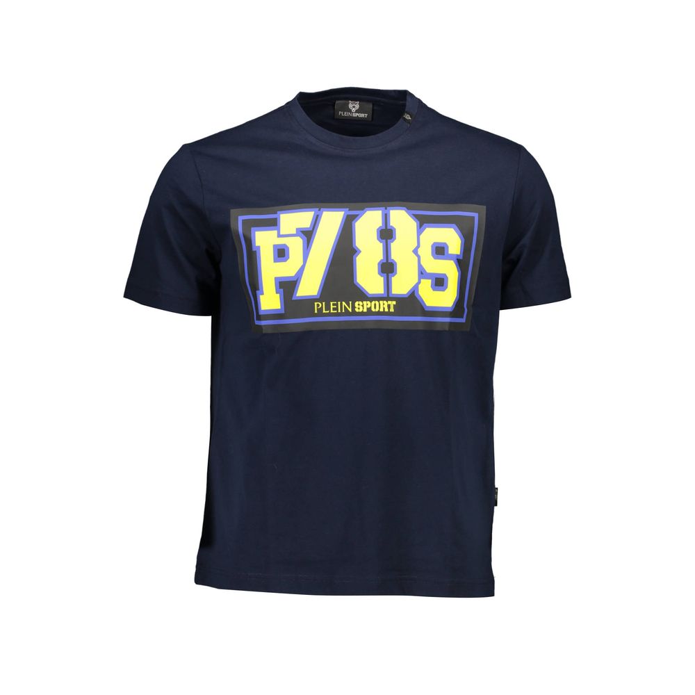 Plein Sport Blue Cotton Men T-Shirt with bold print and logo, highlighting premium style and sporty design.