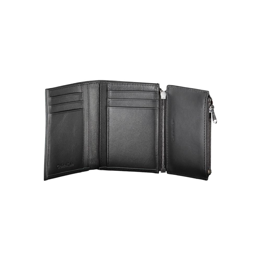 Calvin Klein Black Leather Men Wallet featuring RFID protection, double compartments, and coin purse for organized essentials.