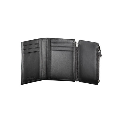 Calvin Klein Black Leather Men Wallet featuring RFID protection, double compartments, and coin purse for organized essentials.