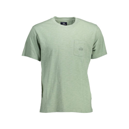 La Martina Green Cotton Men T-Shirt with embroidery, pocket, and logo, short sleeve, crew neck, regular fit, elite style.