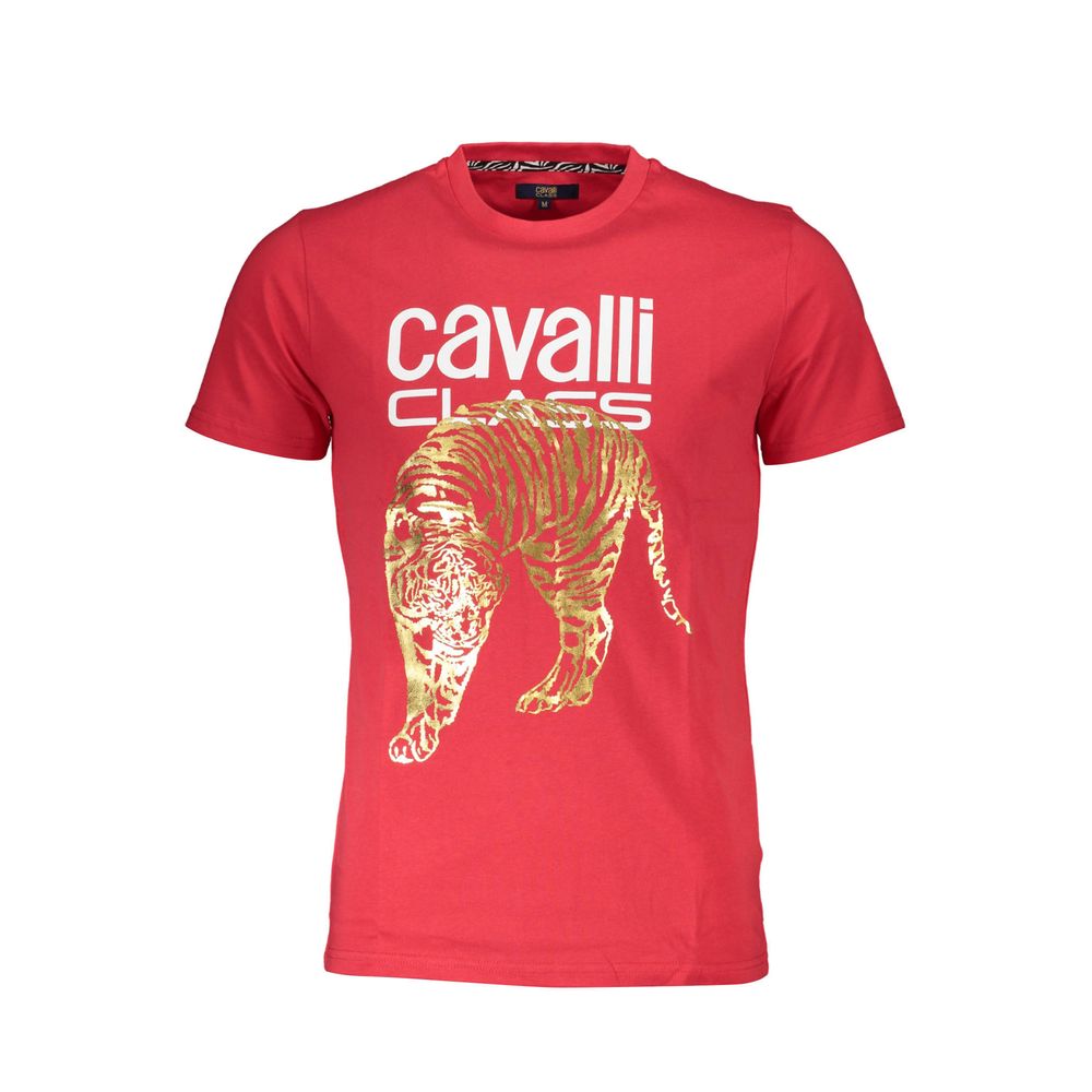Cavalli Class Red Cotton Men T-Shirt with printed logo and tiger design, luxury fashion, crew neck and short sleeves