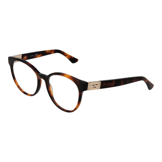 Guess Brown Women Glasses Frame in full-rim butterfly style with plastic material and demo lenses, measuring 53-17-140.