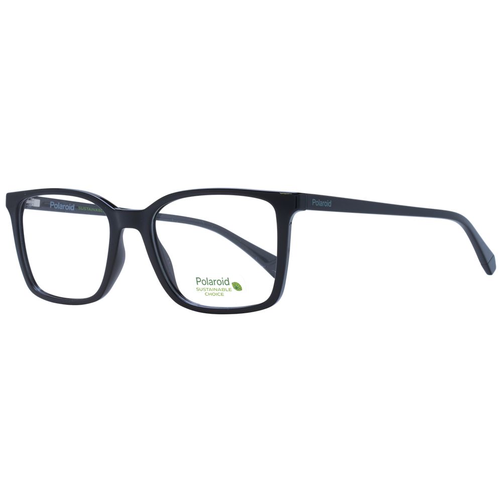 Polaroid Black Men Glasses Frame with full-rim rectangle style and black polyamide material, demo lenses included.