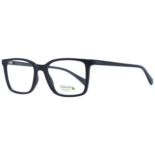 Polaroid Black Men Glasses Frame with full-rim rectangle style and black polyamide material, demo lenses included.